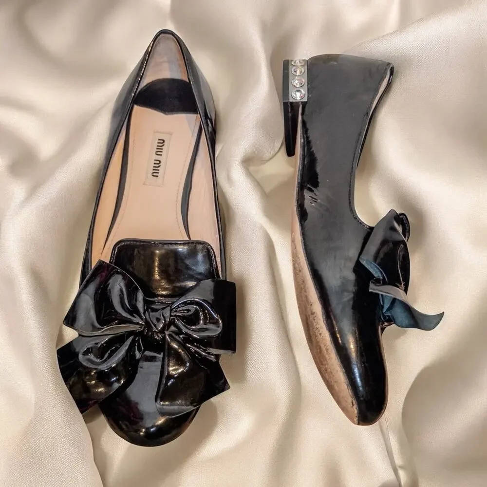Miu Miu Black Patent Bow Ballet Flats Rhinestone Heel Size 38.5 EU US 8.5